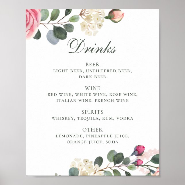 Poster Roses d'aquarelle. Menu du bar à boissons florales (Devant)
