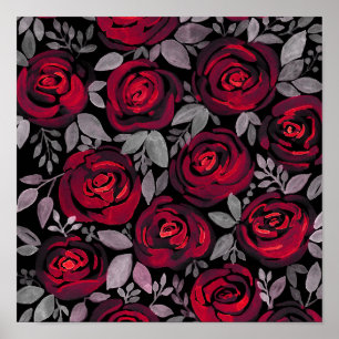 Poster Roses d'aquarelle, roses rouges sur noir
