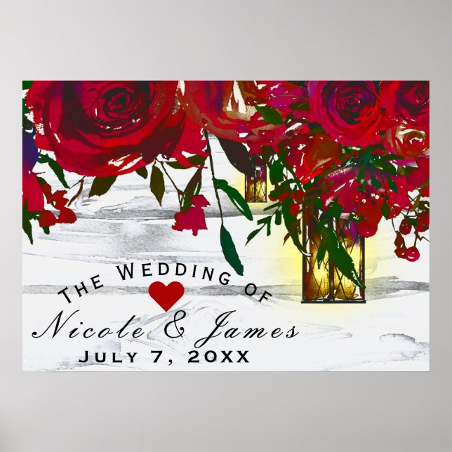 Poster Roses d'aquarelle rouge romantique et Mariage de l (Devant)