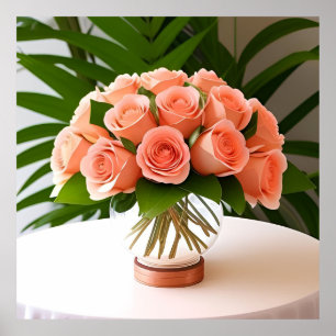 Poster 🌺 Roses de corail sur table - Nature morte - Art 