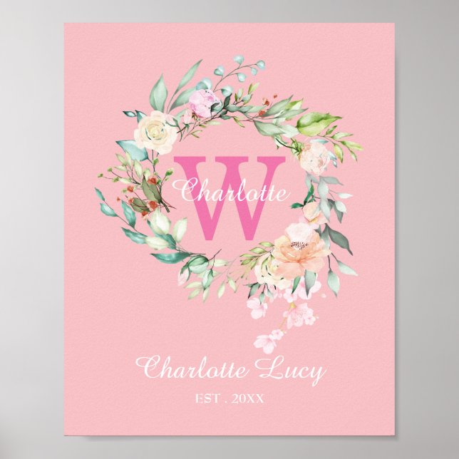 Poster Roses d'été doux bébé Monogramme initial (Devant)