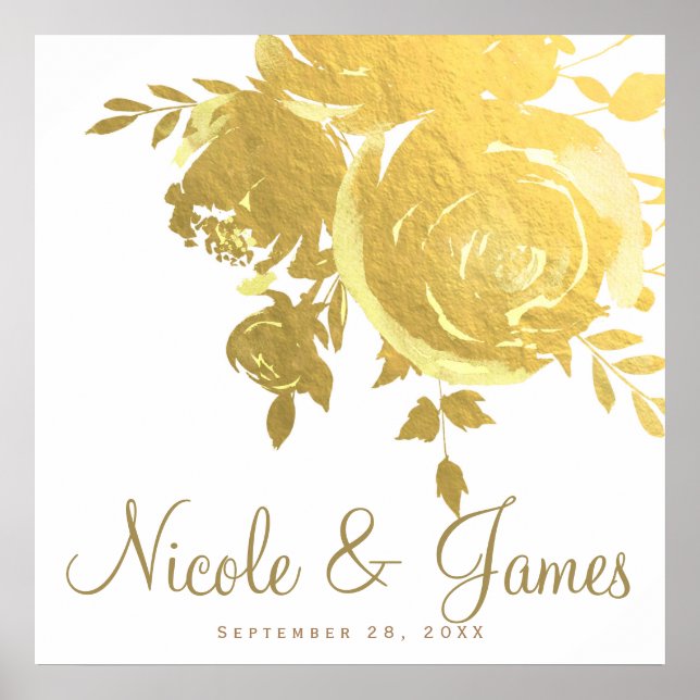 Poster Roses d'or Faux Foil Elégant Mariage floral modern (Devant)
