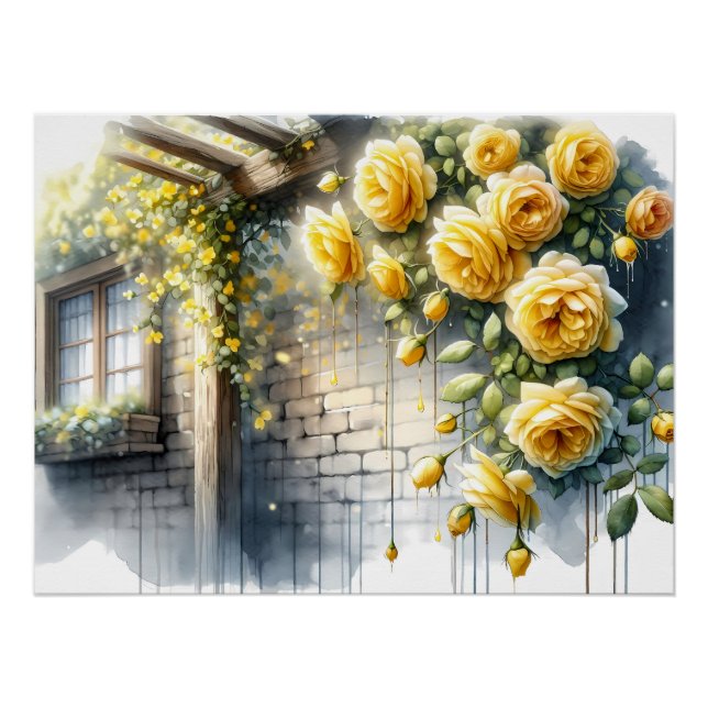 Poster Roses d'or sur le mur en pierre rustique (Devant)