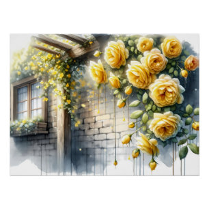 Poster Roses Dorées sur le Mur d'une Maisonnette en Pierr