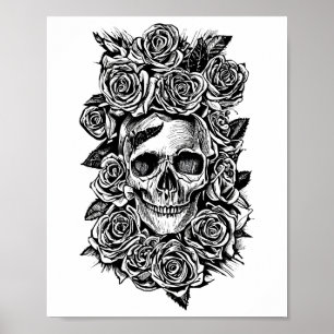 Poster Roses du crâne humain Goth Biker Illustration d'ar
