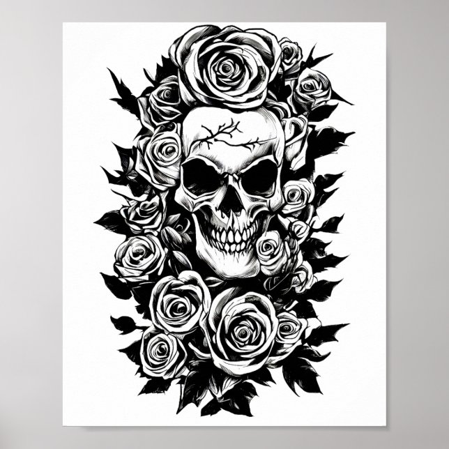 Poster Roses du crâne humain Goth Dessin original à l'enc (Devant)