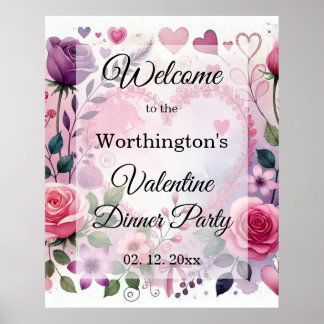 Poster Roses hearts Valentine floral pastel watercolor