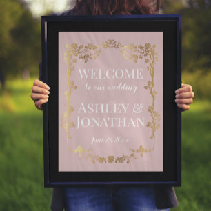 Poster Roses Lotus rose et or Frame Bienvenue Mariage