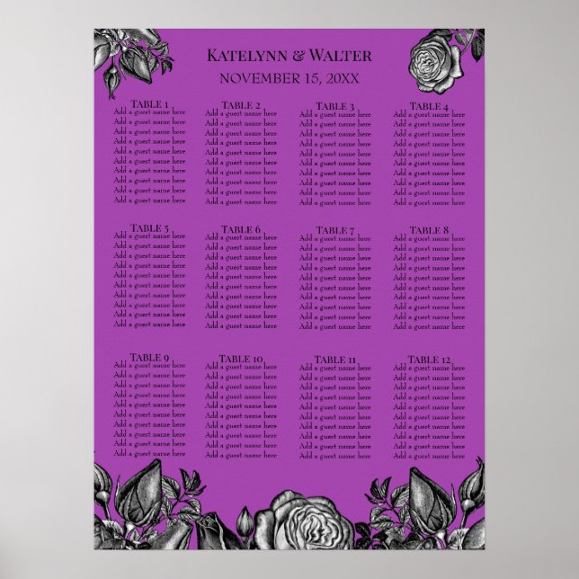 Poster Roses noir et blanc Mariage électrique violet (Devant)