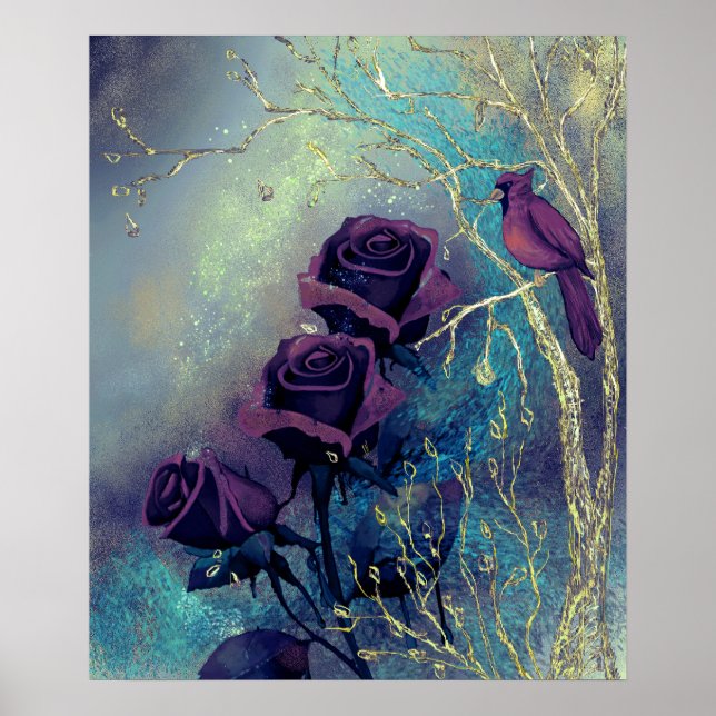Poster Roses pourpres avec oiseau sur arbre argenté (Devant)