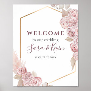 Poster Roses rose bohème et Mariage d'or Bienvenue