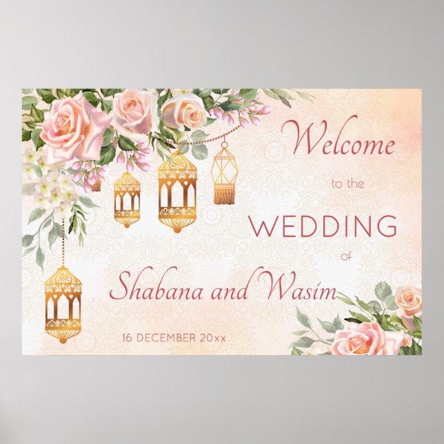 Poster Roses rose crème pastel lanternes arabes bienvenue (Devant)