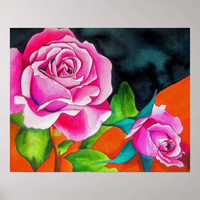 Poster Roses roses avec l'aquarelle contemporaine orange (Devant)