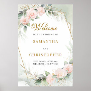 Poster Roses roses blanches eucalyptus or mariage accueil