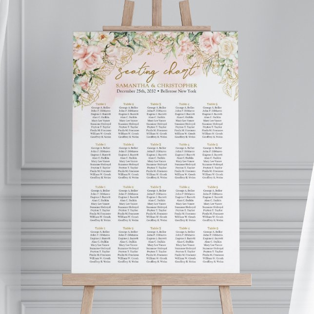 Poster Roses roses douces vert or 20 tables Siège (20 tables elegant Boho blush floral gold frame wedding seating chart poster)