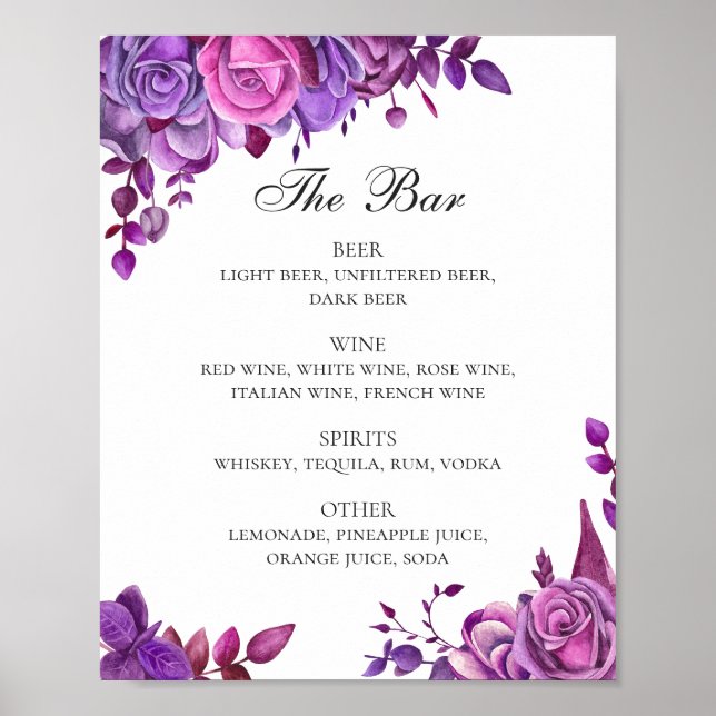 Poster Roses roses et violets. Bar à boissons florales ma (Devant)