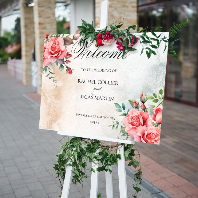 Poster Roses roses romantiques et calligraphie Bienvenue (Créateur téléchargé)