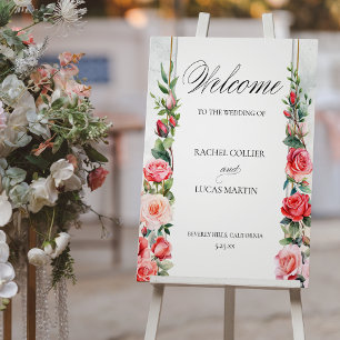 Poster Roses roses romantiques et calligraphie Bienvenue