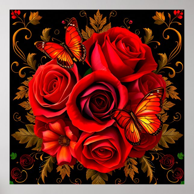 Poster Roses rouges élégantes aux papillons (Devant)