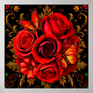 Poster Roses rouges élégantes avec papillons