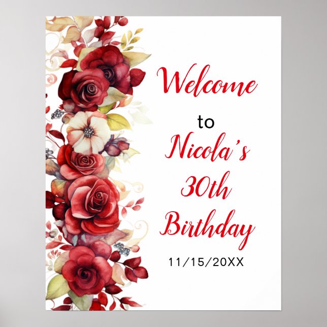 Poster Roses Rouges Romantiques Fête d'Anniversaire (Devant)