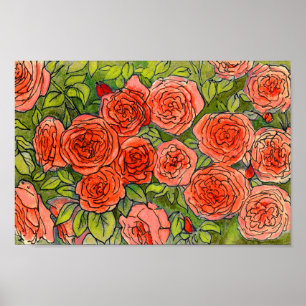 Poster Roses rouges, Vert Feuille Rose Jardin Fleur d'été
