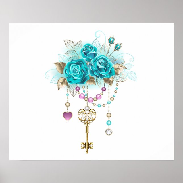 Poster Roses turquoise avec touches (Devant)
