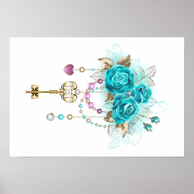 Poster Roses turquoise avec touches (Devant)