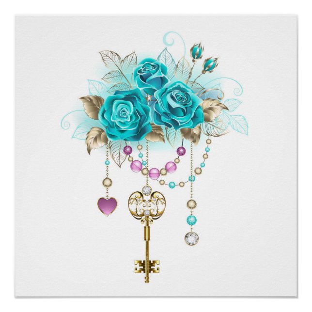 Poster Roses turquoise avec touches (Devant)