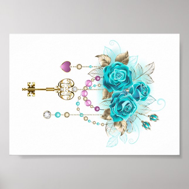 Poster Roses turquoise avec touches (Devant)