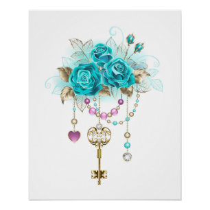 Poster Roses turquoise avec touches
