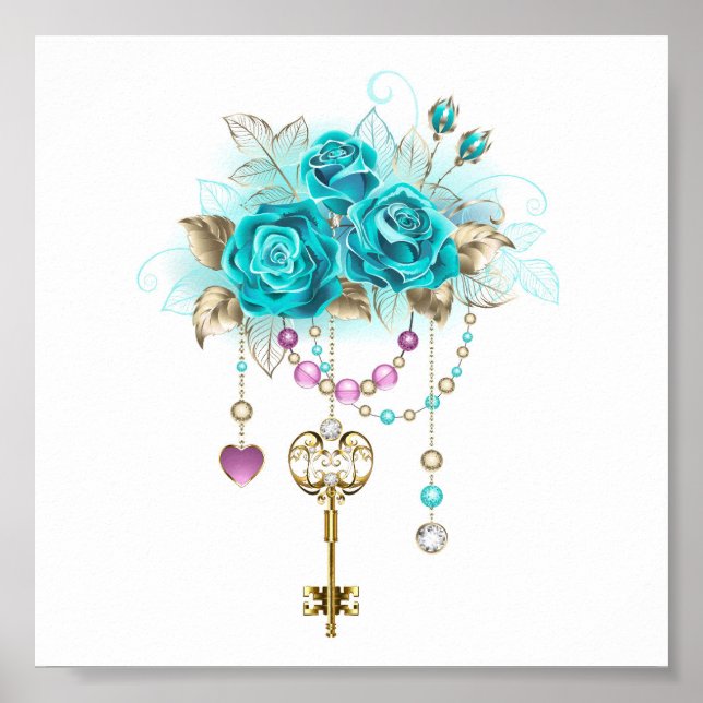 Poster Roses turquoise avec touches (Devant)