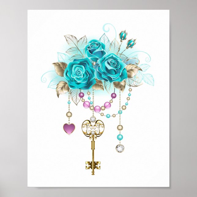 Poster Roses turquoise avec touches (Devant)