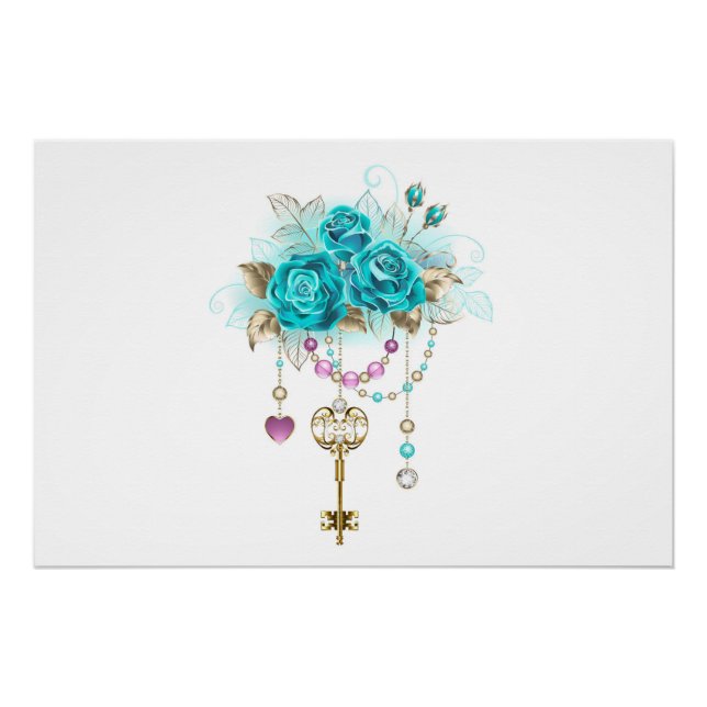 Poster Roses turquoise avec touches (Devant)