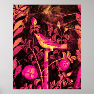 Poster ROSSIGNOL AVEC ROSES, Fuchsia Rose Noir Jaune