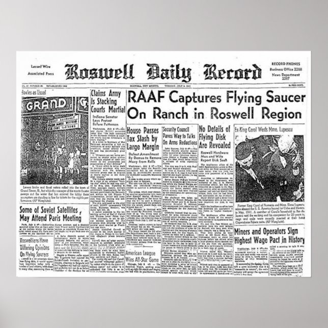 Poster Roswell UFO Incident Clip du journal (Devant)