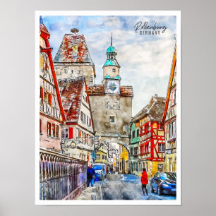 Poster Rothenburg Allemagne aquarelle de voyage vintage