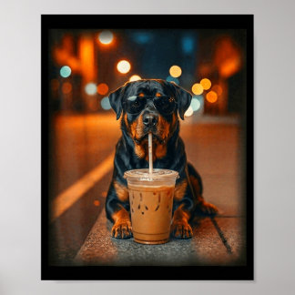Poster Rottweiler drôle buvant du café glacé amateur de c
