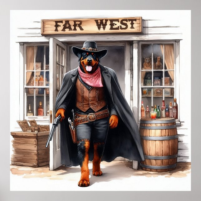 Poster Rottweiler Sheriff dans le Far West Saloon aquarel (Devant)