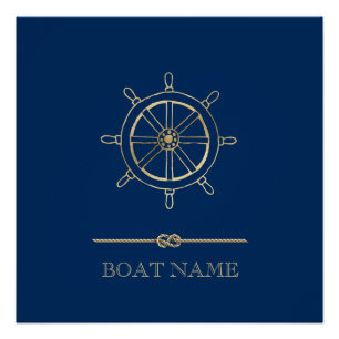 Poster Roue de bateau en or nautique, Bleu marine