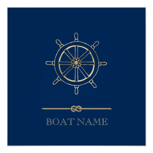 Poster Roue de bateau en or nautique, Bleu marine (Devant)
