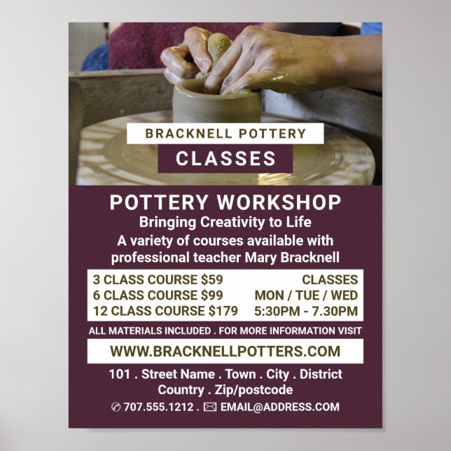 Poster Roue de potter, classes de poterie, Potters Advert (Devant)