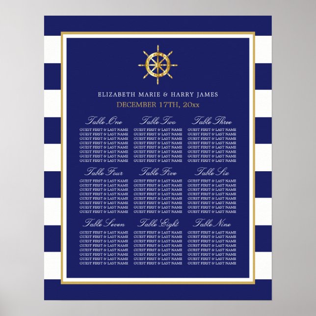 Poster Roue d'or nautique, Marine & Gold Seating Chart (Devant)