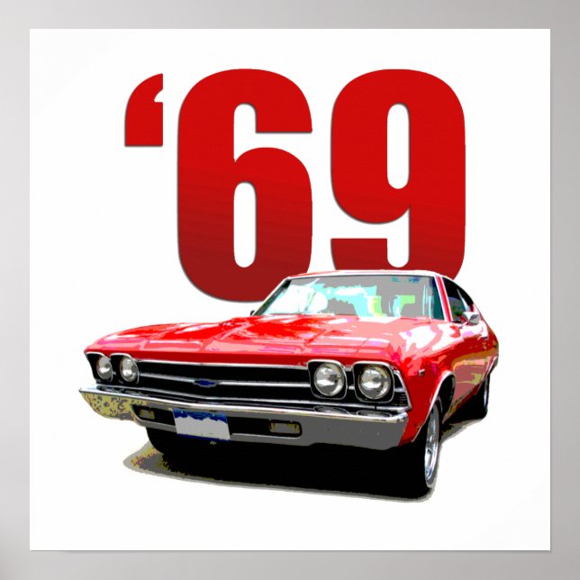 Poster Rouge 1969 Chevelle coupé vue frontale. (Devant)