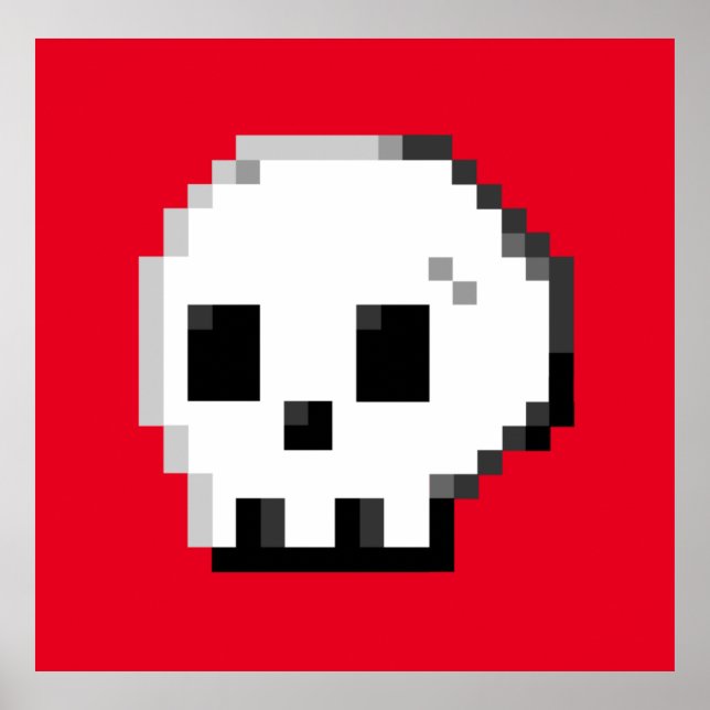 Poster rouge 8 bits en pixel art crâne (Devant)