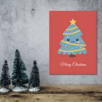 Poster rouge avec arbre de Noël Kawaii
