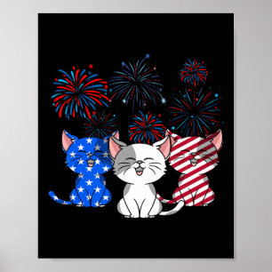Poster Rouge Blanc Bleu Chats Usa Drapeau Feu 4 juillet
