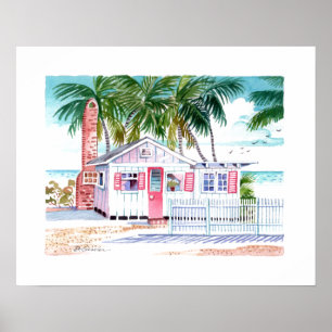 Poster Rouge Blanc Charming Beach Cottage Aquarelle