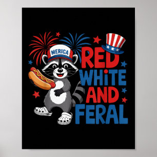 Poster Rouge Blanc Et Feral Cute Raccoon Merica Usa Indeb