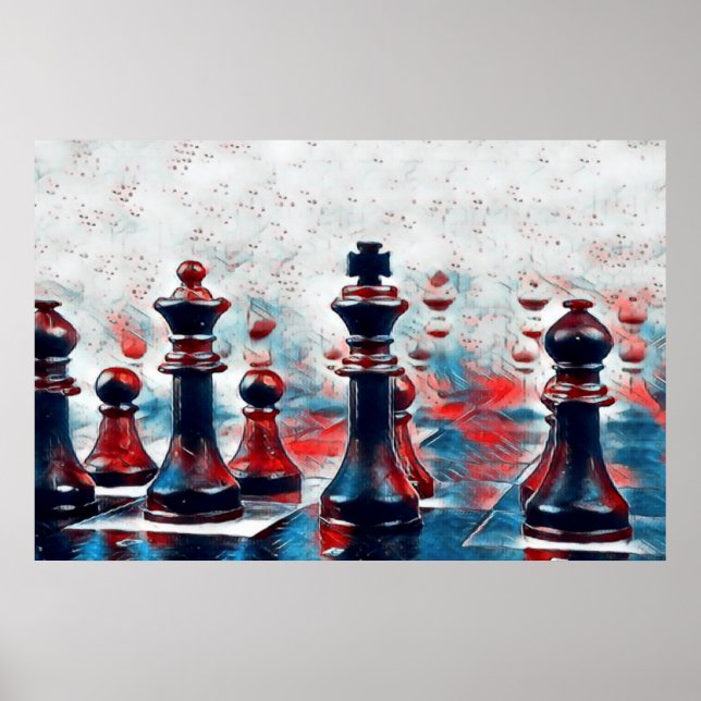Poster Rouge, Blanc, Pièces d'échecs Bleues Roi, Reine, É (Devant)